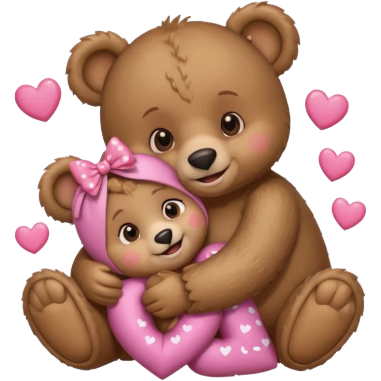 girl bear with bow on her head and boy bear hugging, couple, surrounded by hearts, playful and loving, cute emoji
