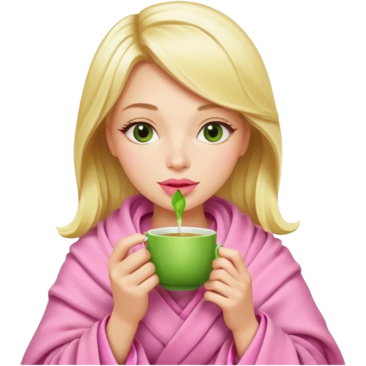 Блондинка пьет зелёный чай укутавшись розовым пледом emoji