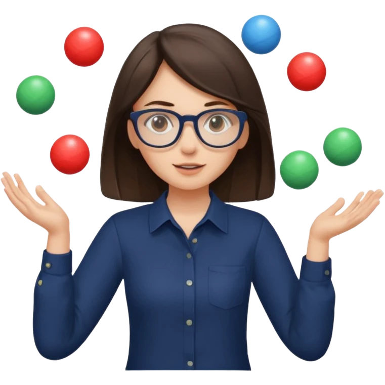 a brunette girl in a navy shirt wearing glasses is  juggling  with two hands  emoji