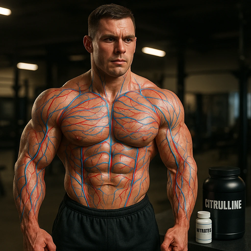 realistic bodybuilder showing muscle pump after taking Citrulline and Nitrates, visual details simulating blood flow with red and blue lines on muscles, supplements visible in background, sports environment, detailed emoji