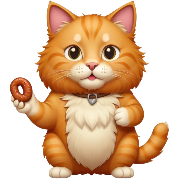 A big fluffy ginger cat holds a sausage in its paw emoji