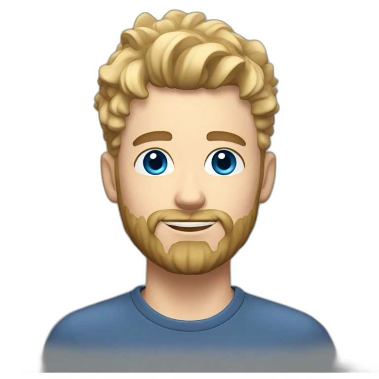 blond guy with taper fade, messy curly tiktok guy front and top of hair and dark blonde beard and blue eyes emoji