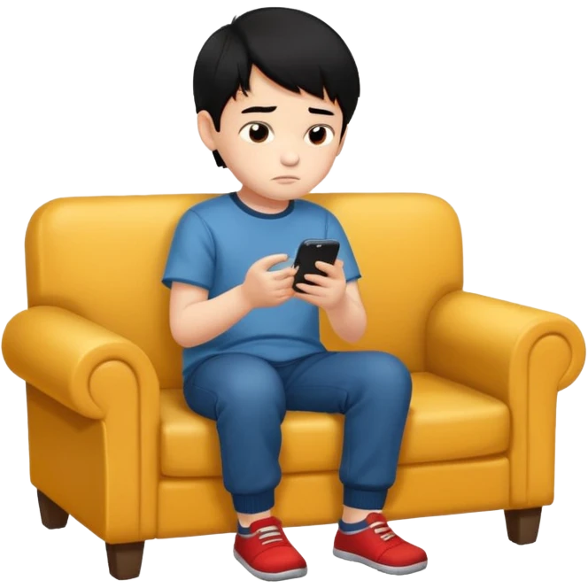un niño de entre 3 - 10 años jugando con su celular, cansado y sentado en una habitacion apagada, el niño tiene piel blanca y cabello negro (hombre)

 emoji