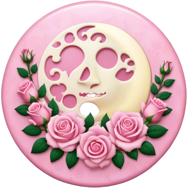 A round pink button with a light cream full damask moon and pink roses in the center emoji