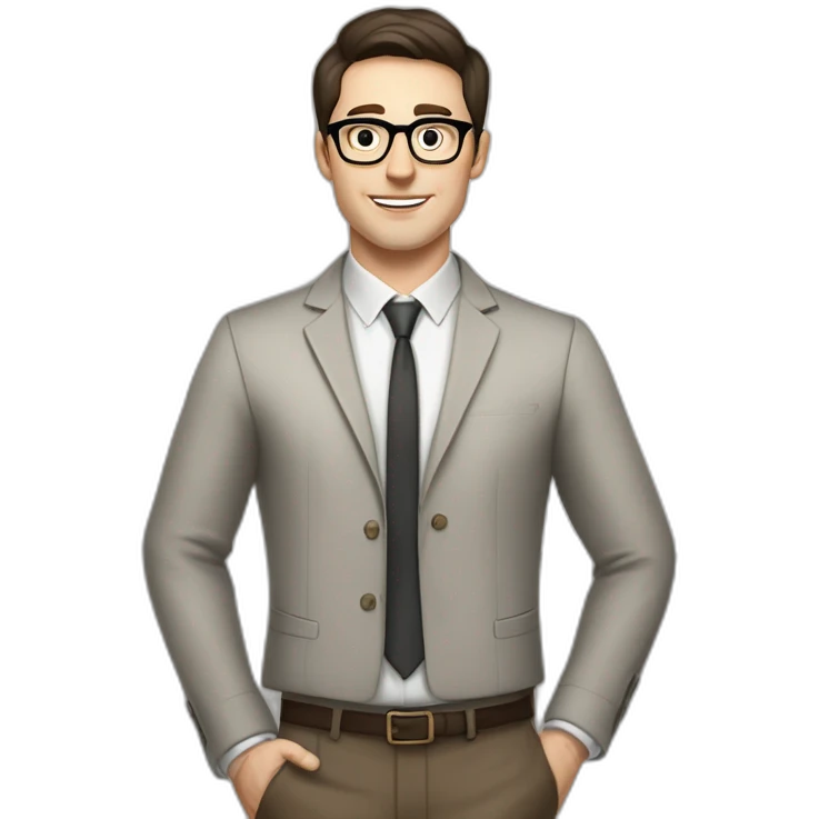 Pale skinned fit man with dark brown hair in gray jacket, beige office shirt, brown tie, brown pants and vintage glasses Writing text on the flipchart emoji