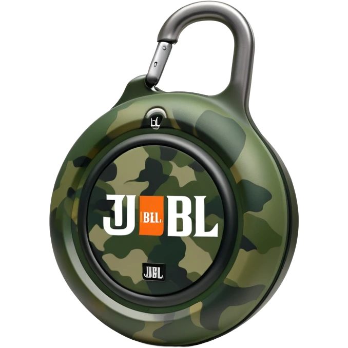 Simple JBL Clip 4 speaker with round body, built-in carabiner, green camo pattern, and JBL logo on front, iOS emoji style emoji