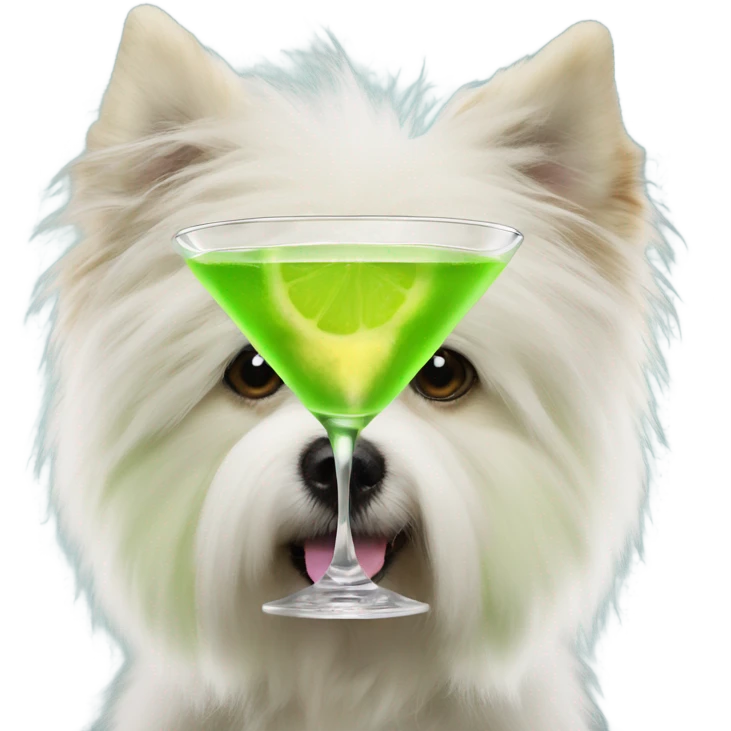 lime green fluffy dog with pointy ears and a martini emoji