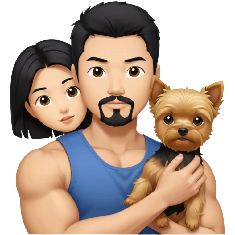  Holding a blonde yorkie. Dark haired Korean Asian handsome man with black pointy hair full goatee and biceps emoji