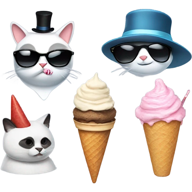 Cat with sunglasses a panda eating ice cream shark with top hat emoji