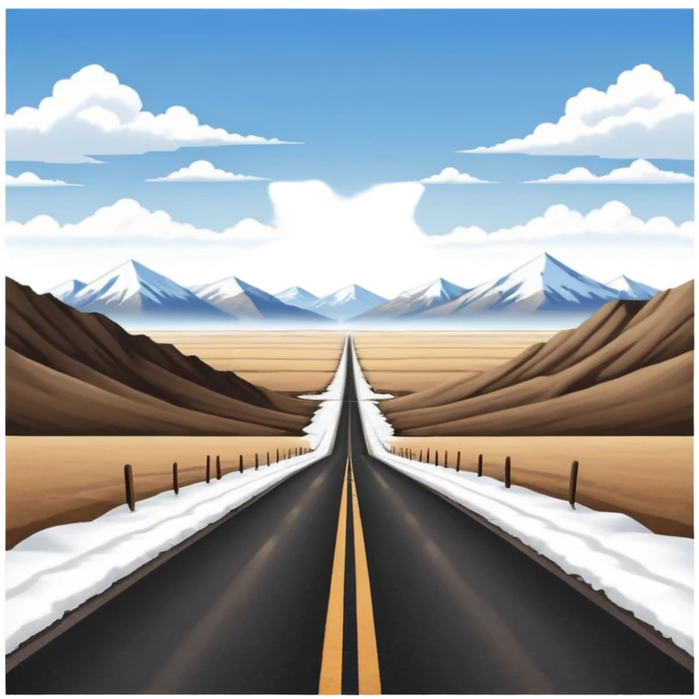 A long straight dirt road that disappears into the horizon half way up the screen from the perspective of someone sitting in the middle of the road looking down it. Flat snow fields on both sides of the road with huge looming mountains above the roads horizon line. emoji