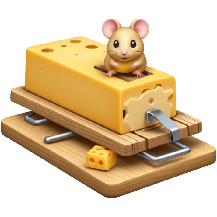 A 3D emoji in iOS emoji aesthetic style of a small mousetrap on a wooden base with a tiny gray mouse approaching a small piece of yellow cheese on it, minimal white background, bright lighting, clean and glossy Apple-style design emoji
