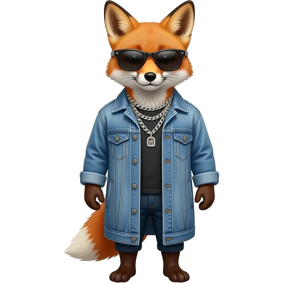 Fox in denim Jacket, waist size, multiple chain jewelleries , sunglass emoji