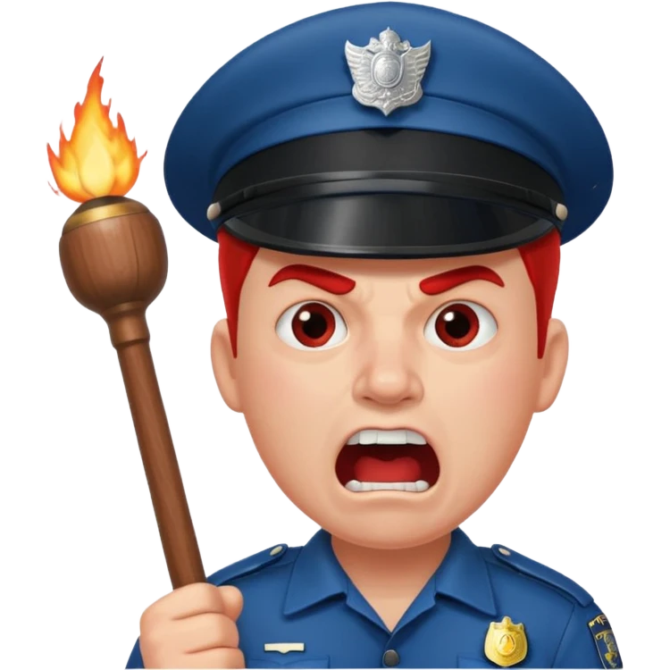 An angry British policeman with a baton in his hands shouts emoji