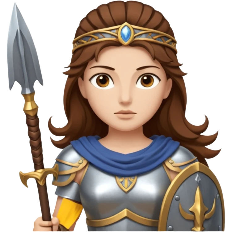 brown haired Athena the Greek goddess of disciplined, strategic warfare, calm, commanding figure leading with intelligence not force. wears light armour carries a spear, symbolising protection precise judgement. strategy, not aggression, embodying clarity, foresight and decisive action. emoji