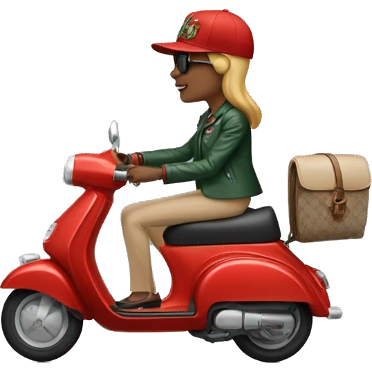 a woman and a man wearing gucci caps driving a e scooter emoji