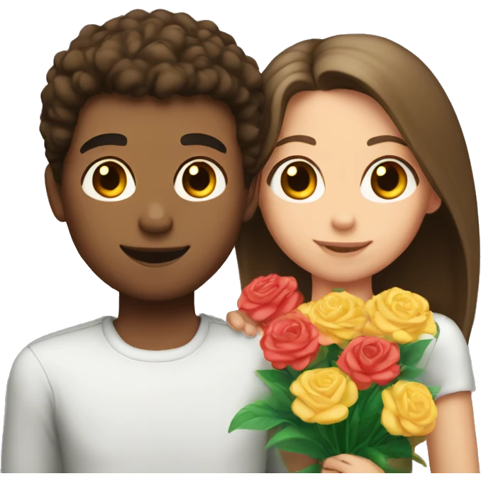 a boy with light skin and brown hair gives flowers to a brunette with light skin emoji