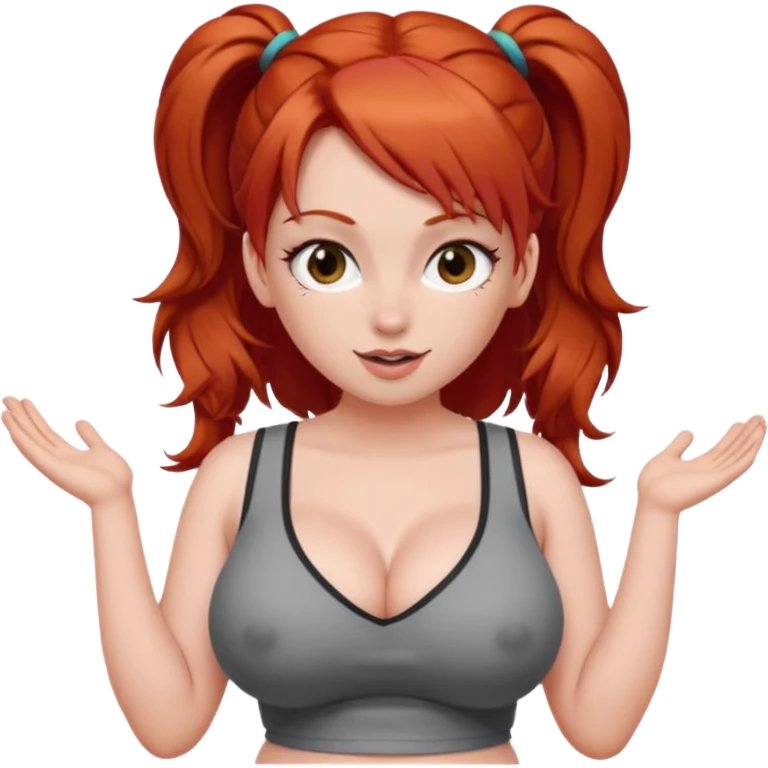 Naked red haired girl in pigtails with hands on hips and very large boobs with cleavage.  She is not wearing anything at all.  Her waist is thin and her hips are sexy.  She winks one eye emoji