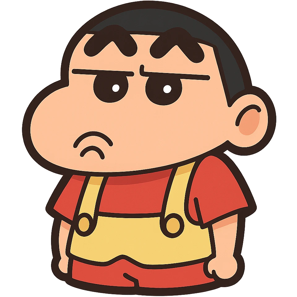 Shinchan cartoon style emoji sticker, pouting expression, iconic black hair, red shorts, yellow overalls, simple solid or gradient background, 500x500px, transparent PNG, optional brief text description emoji