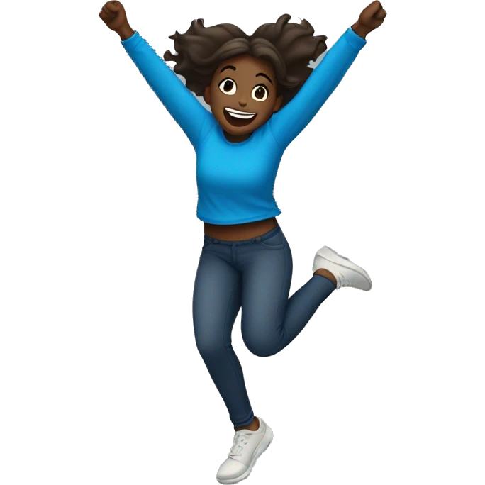 Girl of the back jumping in celebration, light dark skin and blue t-shirt  emoji