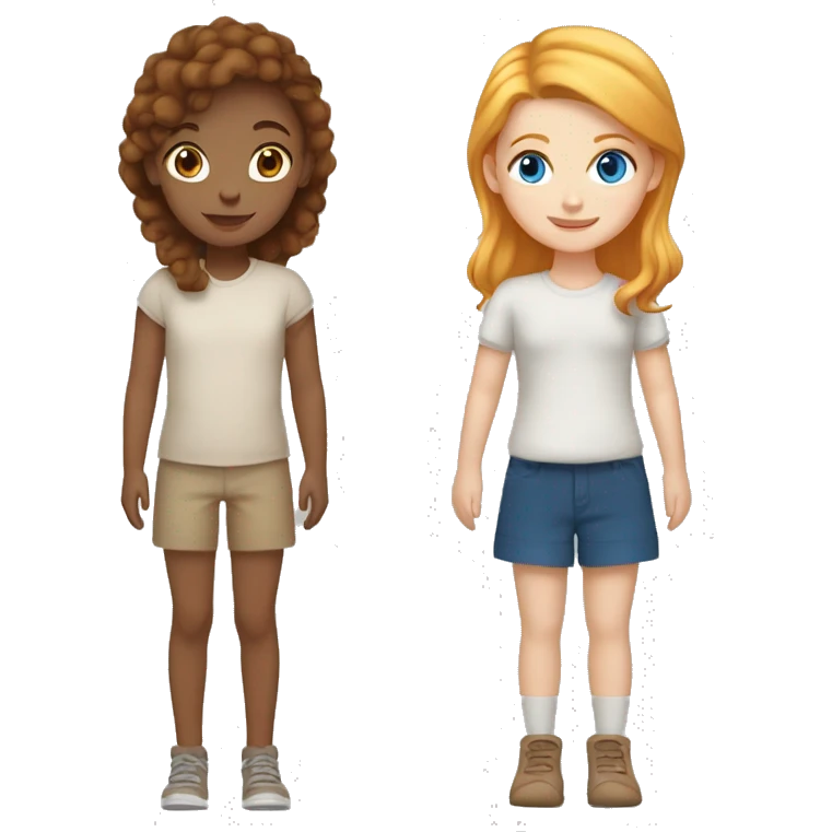 Light skinned girl with brown hair and blue eyes hugging a shorter girl with ginger and blonde hair  emoji