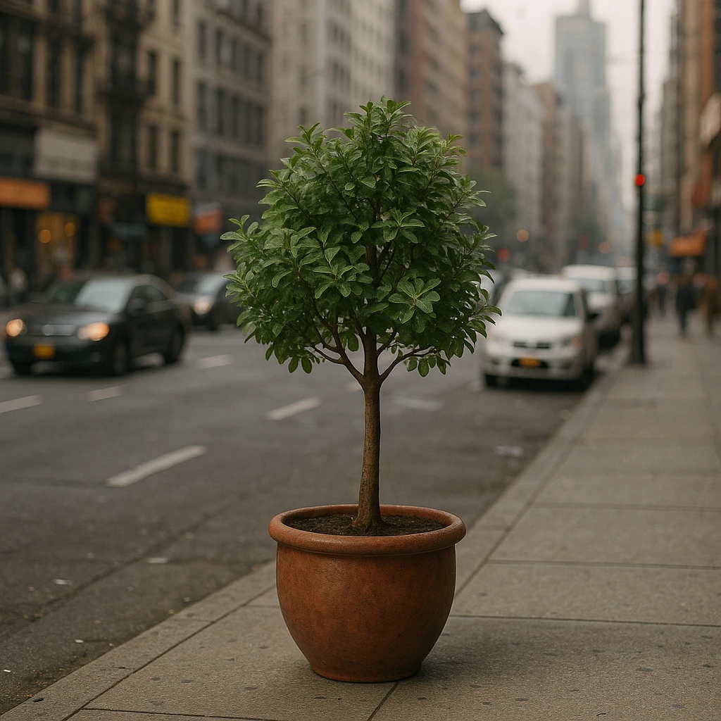a small tree in a pot, placed on a sidewalk near a busy street, with a sense of solitude and urban busyness, detailed urban background, realistic style emoji