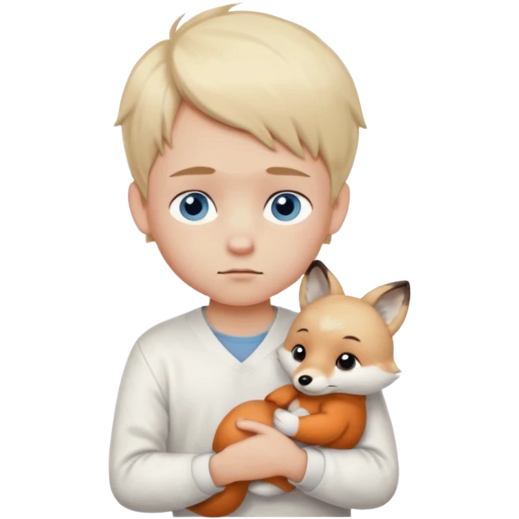 Light blonde,Shy , cute ,young Boy emoji, blue eyes, blushing, looking down, sad, white clothes, with a Small plush fox in the arm emoji