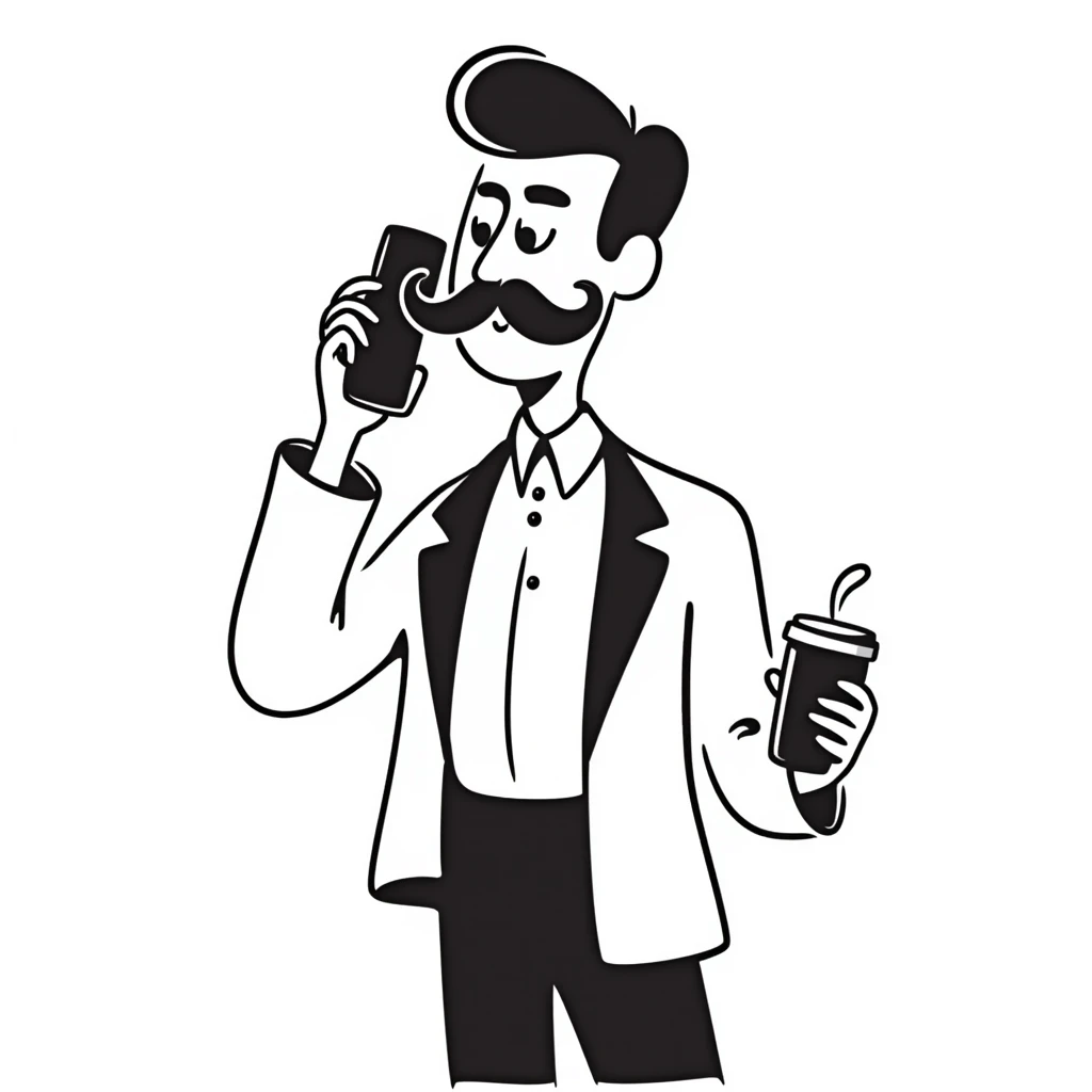 Wall Street finance bro with ridiculous oversized mustache, wearing expensive suit, holding phone and coffee emoji
