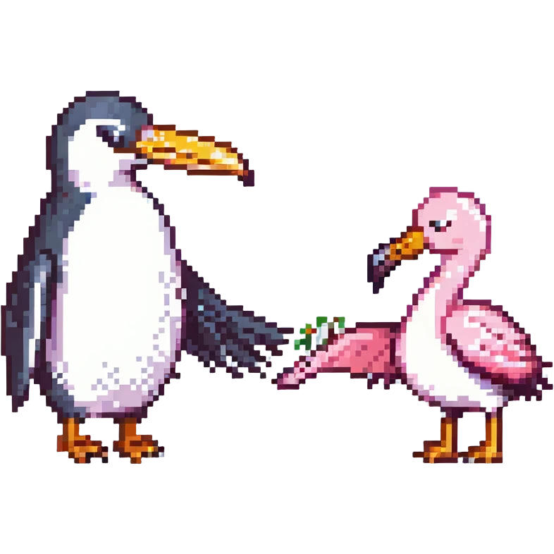 penguin and flamingo shaking hands, simple, no text emoji
