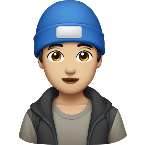 black short hair, black eyes wearing blue beanie, asian emoji