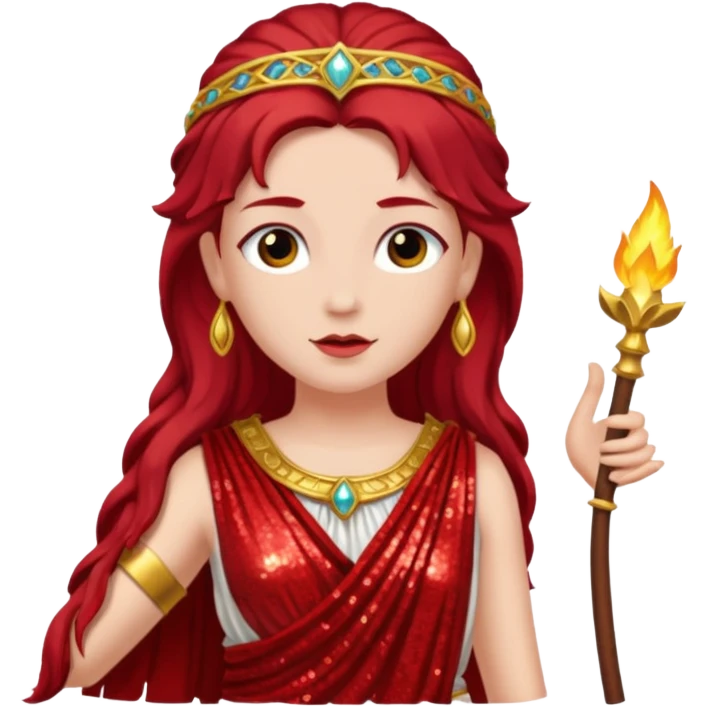 Vesta, Goddess from Hearth Roman Deities with long dark red hair, red sequin toga emoji
