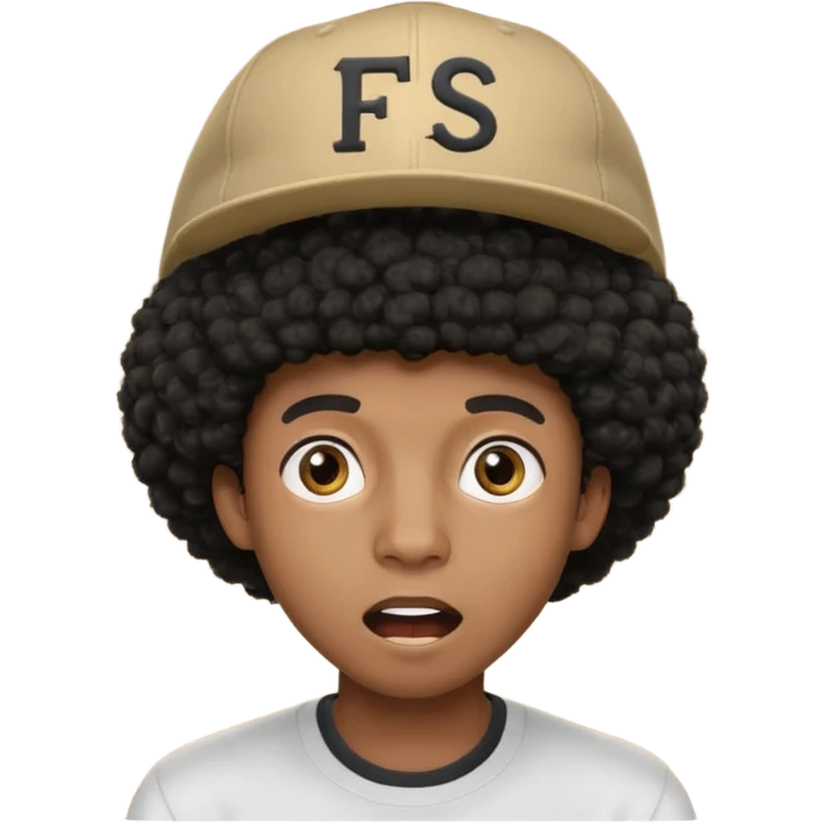 young black male with afro hair, surprised, wearing a cap with 'FS' logo emoji