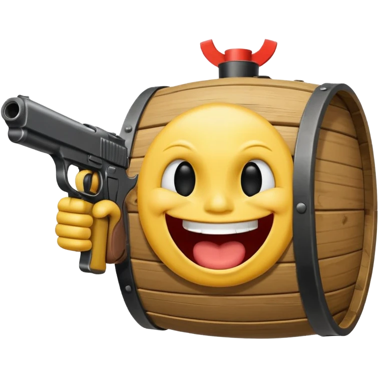 Yellow laughing face pointing gun at its own mount. The barrel of the gun is pointed towards the smile into the mouth emoji