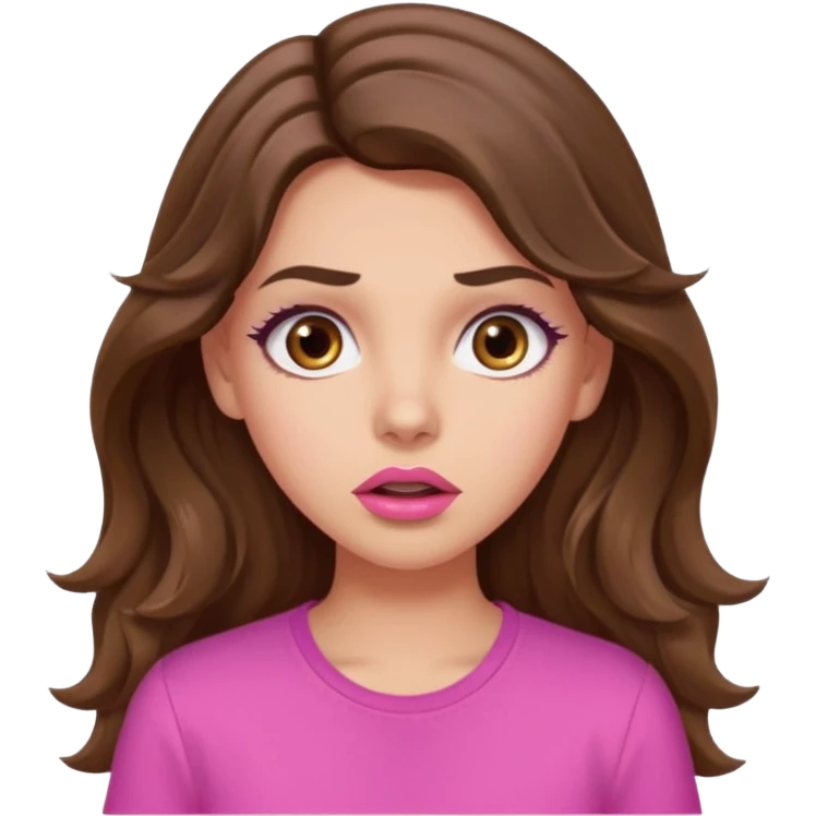 girl with long wavy brown hair, brown eyes, light to medium complexion, in a pink shirt, pink lips, long lashes, surprised emoji