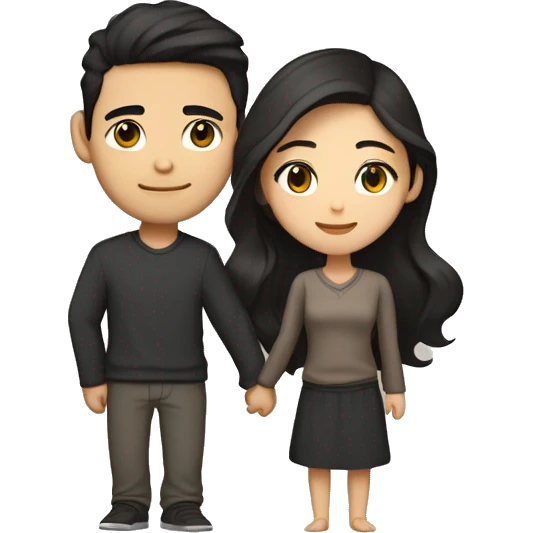 A half pale Asian man with short dark hair and amber eyes embracing and loving a half Asian woman with long wavy dark hair and dark hazel eyes. They love each other a lot And have good fashion taste. emoji