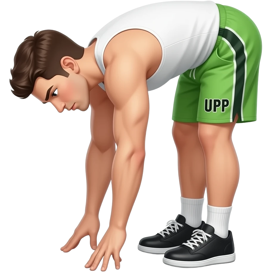 guy-in--green (#15ef98 rgb(21, 239, 152)) shorts --white-tank top-and-shorts-standing-up,-bending-down-to-touching-toes-(stretching-down-by-touching-both-feet-_-toes-feet-together-not-split-apart-with "UPP"_-written-on-his-shorts in black. blakc shoes emoji