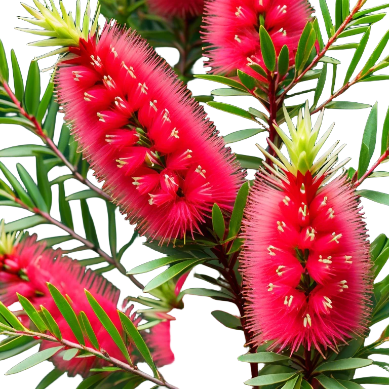 Cinematic Realistic Callistemon Emoji, Vibrant and striking, with spiky red flowers resembling a bottlebrush. The slender leaves create a fine backdrop to the bold blooms, while the plant exudes energy and vitality. Soft glowing outline, capturing the essence of strength, color, and natural beauty in a brilliant callistemon tree! emoji