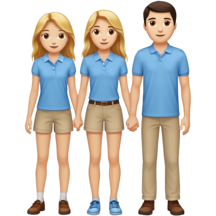 full-length happy couple, girl with long golden hair and hazel eyes in summer outfit, boy with dark hair in light blue polo emoji