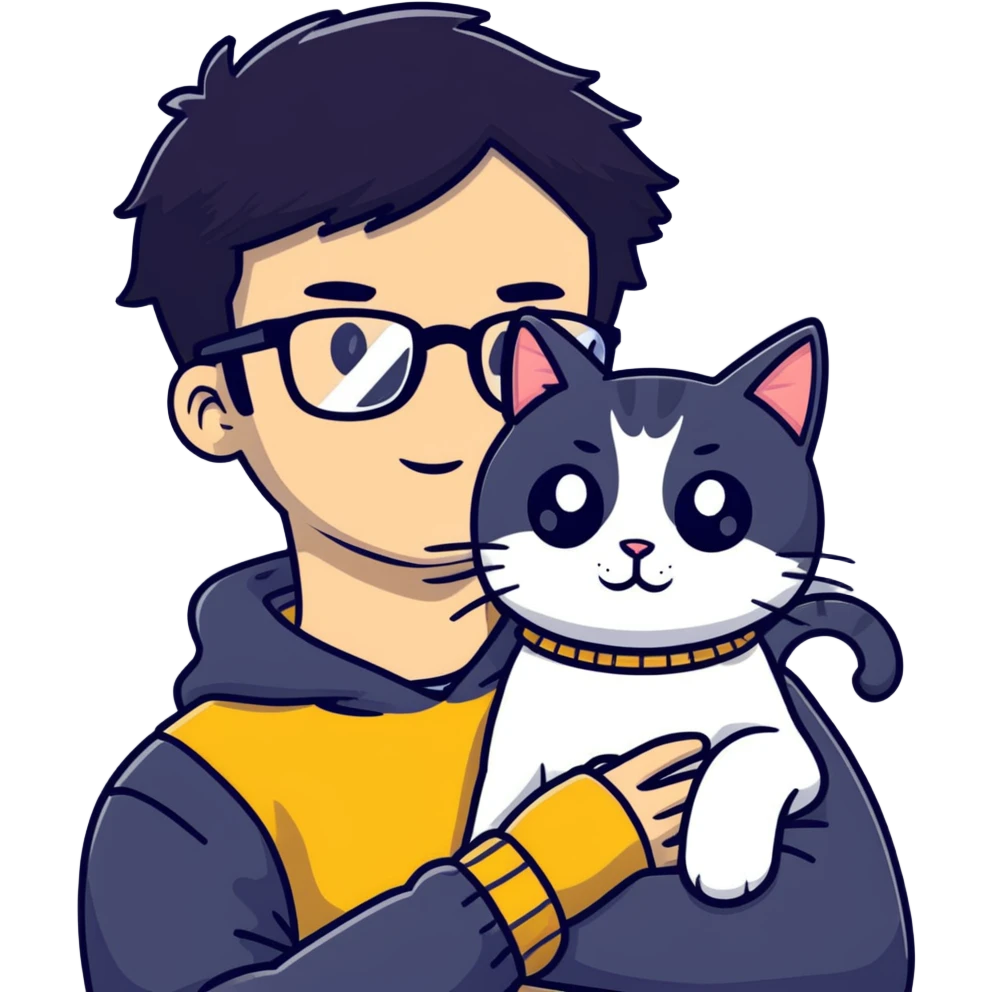 A young man with a long face and warm yellow-toned skin, black hair, wearing a pair of black glasses, cradling a grayish-white cat emoji