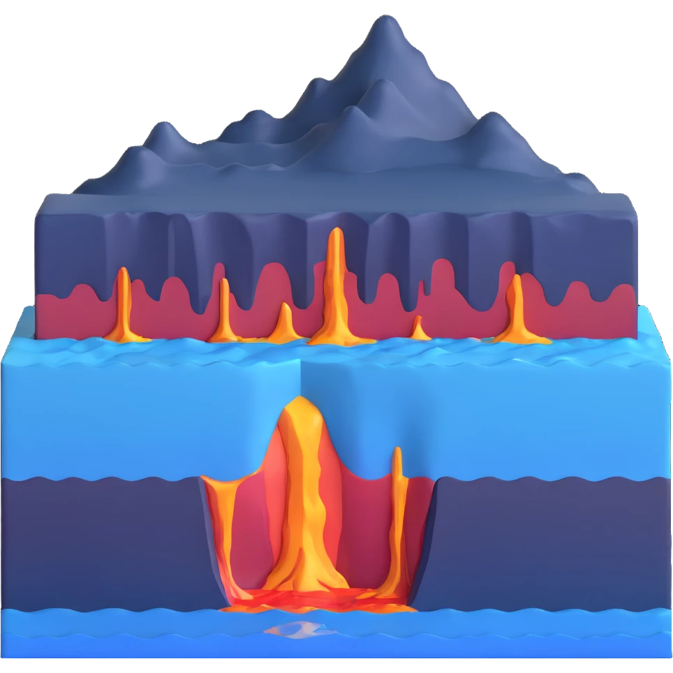 Cross-section of seafloor spreading with magma rising at mid-ocean ridge emoji