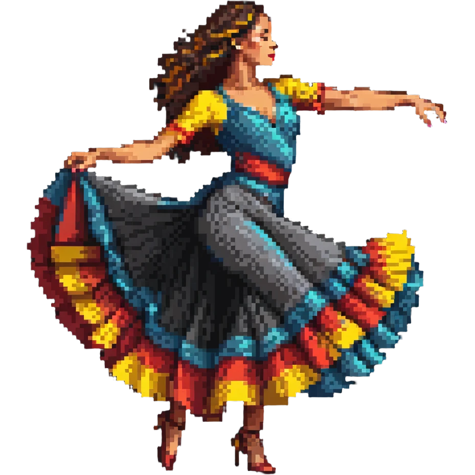 Colombian salsa dancer woman in flowing dress, dynamic dance pose, vibrant colors emoji