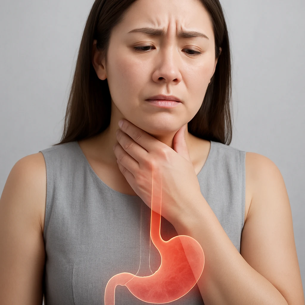 Realistic medical style image of a woman identical to the reference photo, hand on throat, expression of discomfort, with a glowing or reddish effect rising from the stomach to the esophagus. emoji
