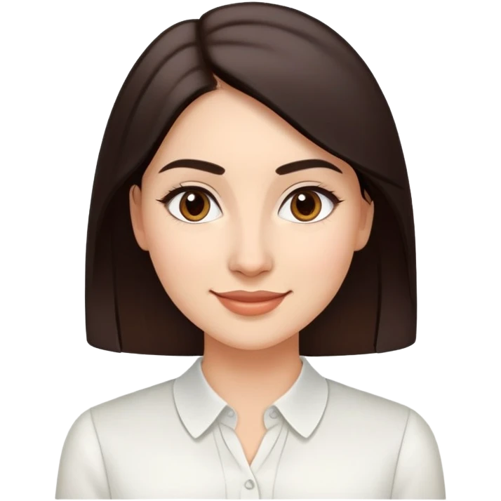 Young woman in her 30s with light skin, oval face, soft features, large dark brown eyes, medium eyebrows, small nose, friendly smile, long straight dark brown hair, wearing a white elegant blouse emoji