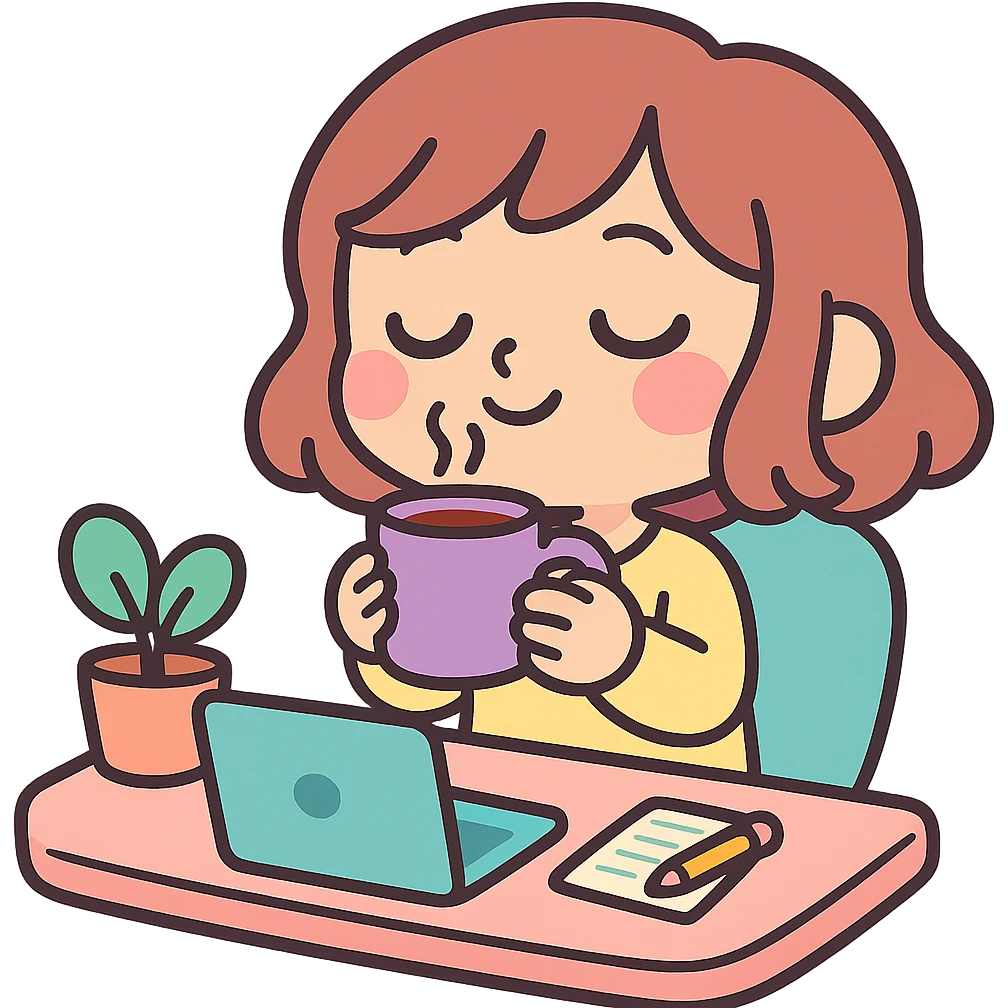 chibi girl enjoying coffee at her work desk, relaxed vibe, pastel colors, cute and cozy emoji