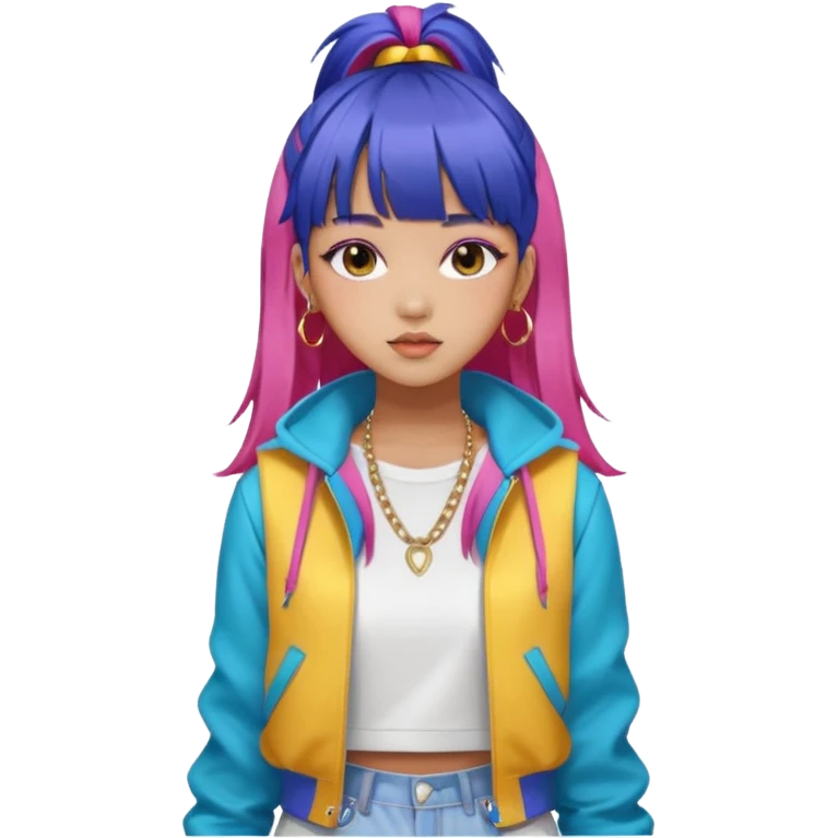 Portrait of a young female K-pop idol, wearing a stylish streetwear outfit with layered clothing and bold accessories, colorful dyed hair with bangs, confident expression, soft lighting, front-facing, energetic and glamorous vibe emoji