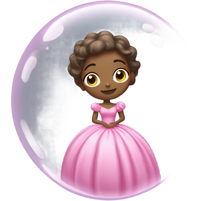 A good wearing a pink ball gown in a floating bubble emoji