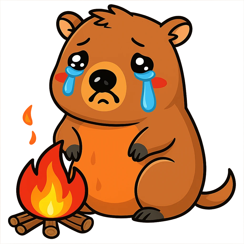 crying capybara, a fire around, sticker style emoji
