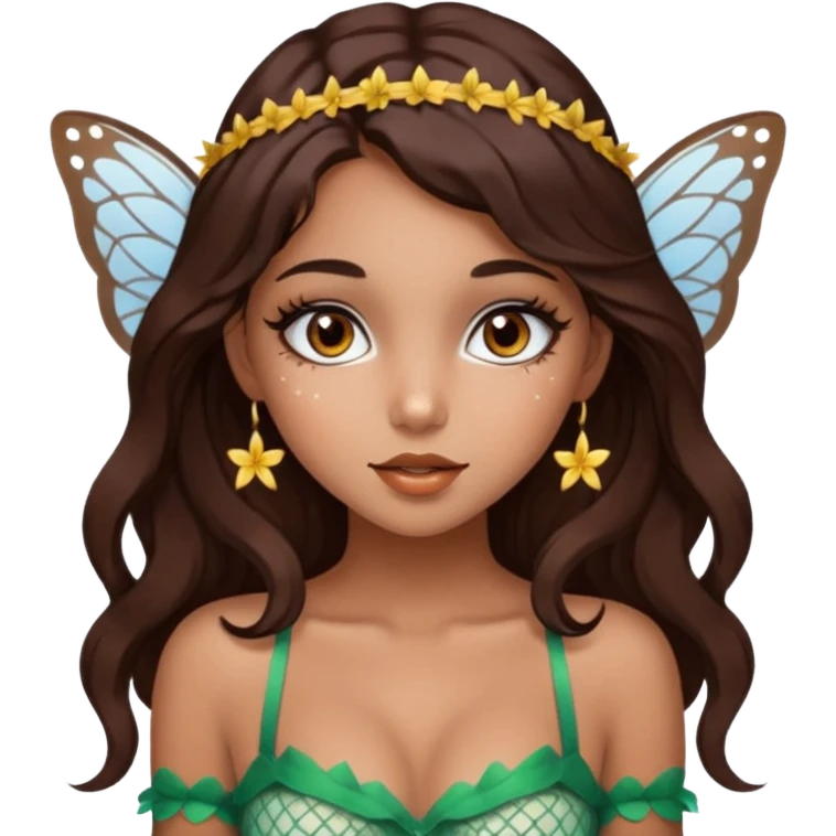 Pretty girl with caramel skin. Dark brown hair and brown eyes. She has freckles. Wearing sexy makeup. Wearing a fairy costume with white fishnet tights and tall heels emoji