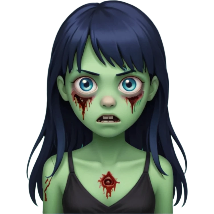 faça uma garota na forma de zumbi com a pele verde, assustada e com os olhos azuis, com o cabelo bem preto com franja e longo e a roupa decotada preta emoji