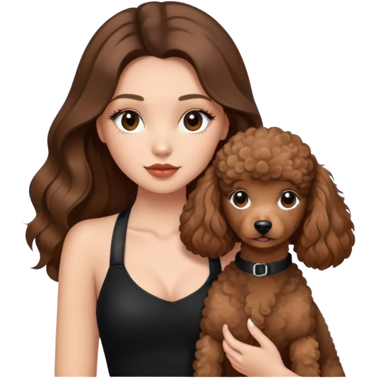girl with long brown balayage hair and long lashes, wearing black halterneck top, and holding a brown poodle emoji