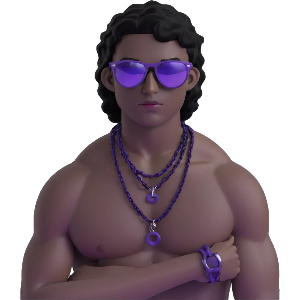 shirtless male athlete with white skin and moderately curly black hair on top with shaved sides, wearing purple sunglasses with very dark heavily tinted black lenses that completely hide the eyes, and a plain black chain necklace emoji